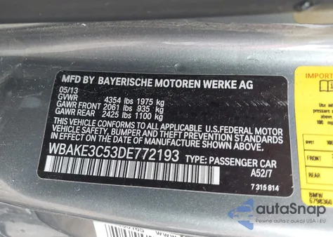 2013 BMW 328 I z USA, uszkodzony, nr VIN WBAKE3C53DE772193